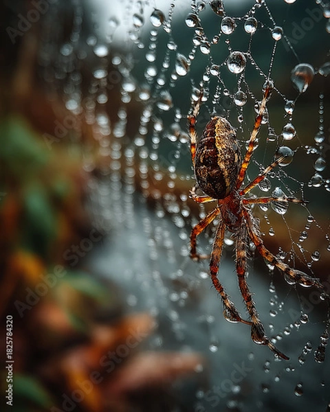 Obraz An orb-weaver spider rests on its intricate web, which is beautifully adorned with glistening raindrops against a soft, blurred background