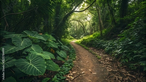 Fototapeta A winding dirt path through a vibrant, dense tropical forest, large green leaves in foreground, soft sunlight filtering through canopy