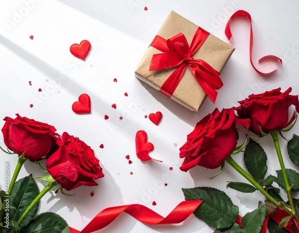 Obraz Romantic Valentine Flatlay with Red Roses and Gift Box