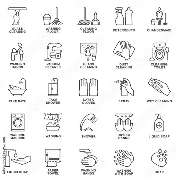 Fototapeta Icons of cleaning, disinfection and personal hygiene. The thin contour lines with color fills.