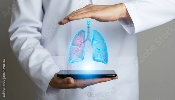 Fototapeta Smartphone Projecting AR Lungs Hologram for Medical Evaluation