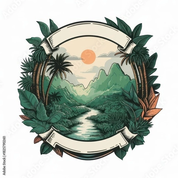 Obraz Tropical landscape with river, mountains, palm trees, leaves, sun and two blank banners