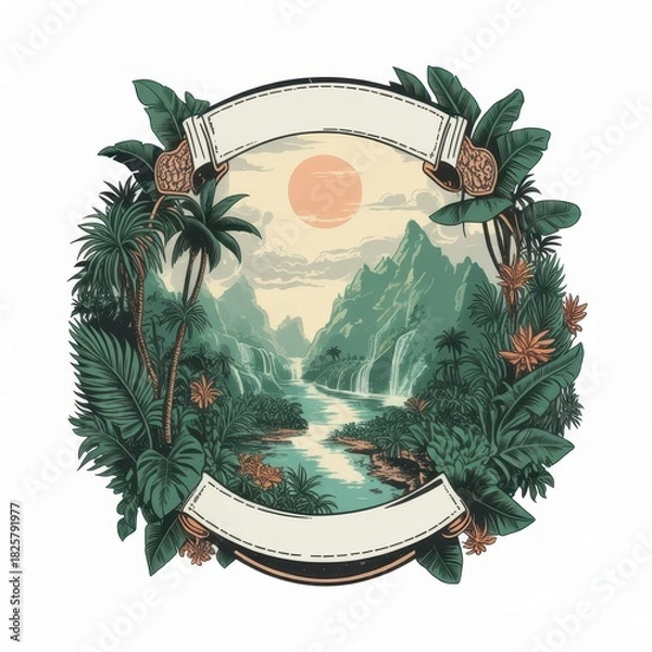 Obraz Tropical paradise landscape with waterfall, mountains, palm trees, and banner for text