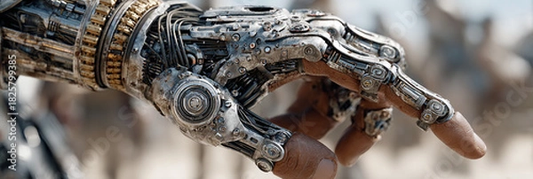Obraz Close-up of a highly detailed bionic hand and forearm, showcasing intricate mechanical parts and advanced futuristic technology, a symbol of human ingenuity and artificial enhancement