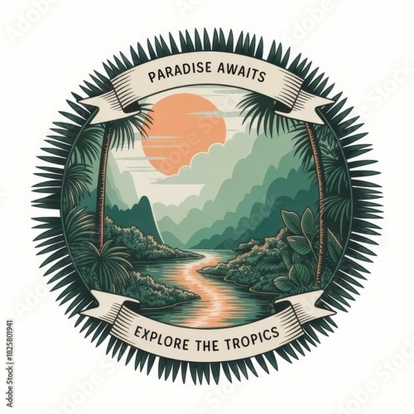 Fototapeta Tropical paradise landscape with palm trees, river, mountains, sun, and decorative border art