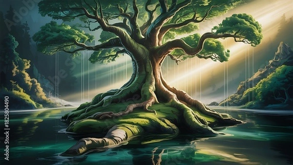 Fototapeta Majestic ancient tree on a small island in a tranquil lake