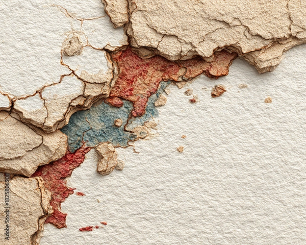Obraz Close-up Macro View of Weathered Textured Plaster Wall with Peeling Paint and Cracks Revealing Underlying Layers