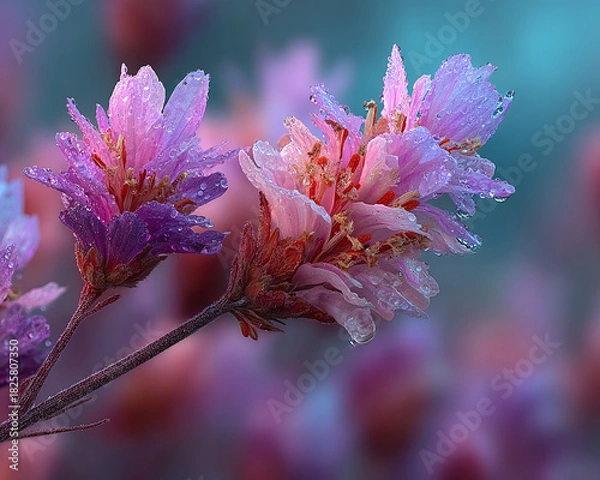 Obraz Enchanting pink and purple blossoms adorned with glistening dewdrops, capturing the serene beauty of a spring morning in exquisite detail, radiating natural vibrancy and delicate elegance