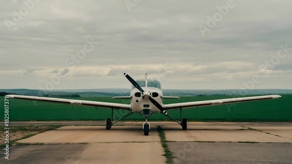 Fototapeta Small White Propeller Plane on Tarmac with Green Fields