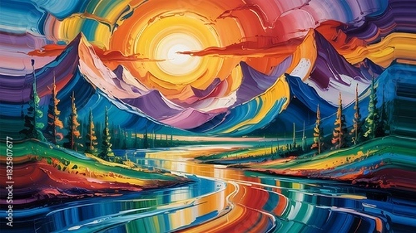 Fototapeta Vibrant Abstract Mountain Landscape with Sun and River