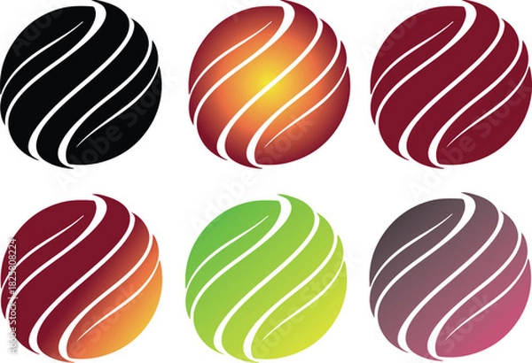 Fototapeta Set of abstract swirl globe sphere logos with dynamic lines vector illustrations in various colors design elements template