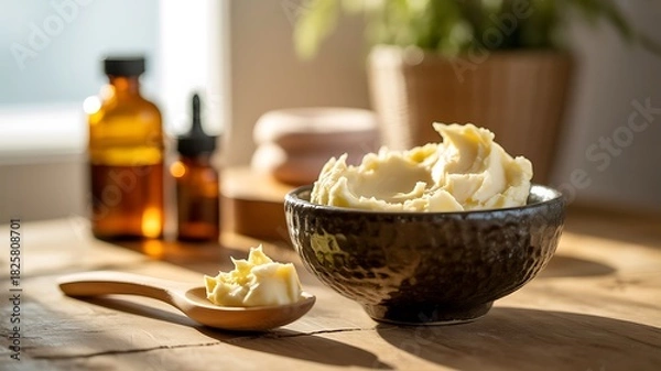 Fototapeta Whipped Shea Butter in Bowl with Dropper Bottles