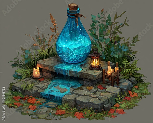 Obraz Enchanting blue elixir flows from a mystical bottle onto a rustic stone altar surrounded by autumn leaves and glowing candles