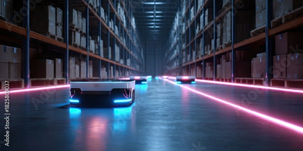 Fototapeta AGV units navigate steady warehouse lanes using automated pathing. Clear industrial environment suitable for corporate use