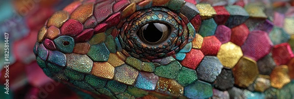 Obraz Close-up macro shot of a chameleon's eye showcasing its vibrant, multi-colored scales, emphasizing detail and texture