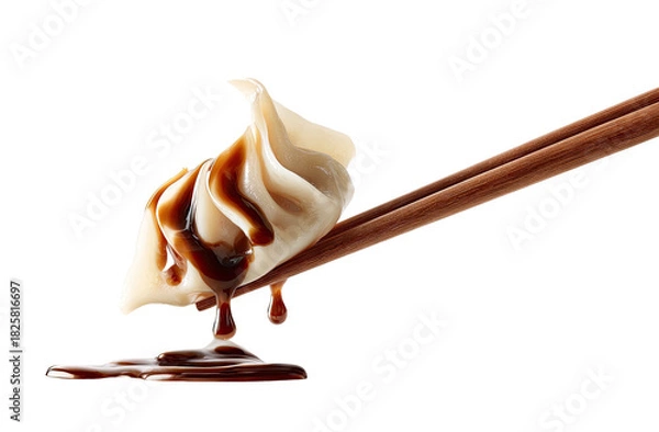 Fototapeta A delicate dumpling is dipped in rich, dark sauce with chopsticks