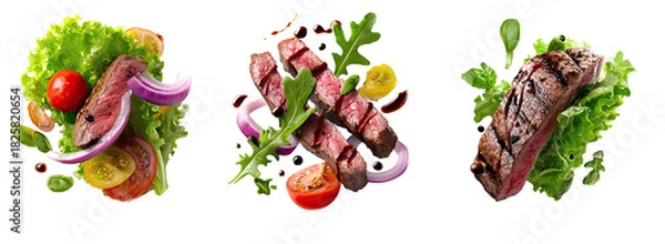 Fototapeta Grilled steak with fresh greens and vegetables, presented in three arrangements