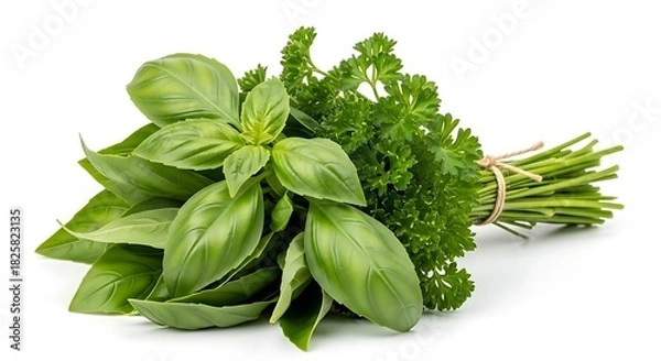 Obraz Fresh green basil and parsley herbs bunch tied with twine, isolated on white.