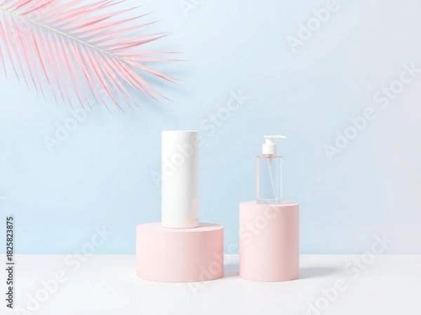 Fototapeta Soft pink lip gloss with feather accent on pastel background