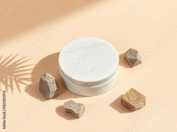 Fototapeta Minimalist product shot of a white jar surrounded by natural stones and palm leaf shadow