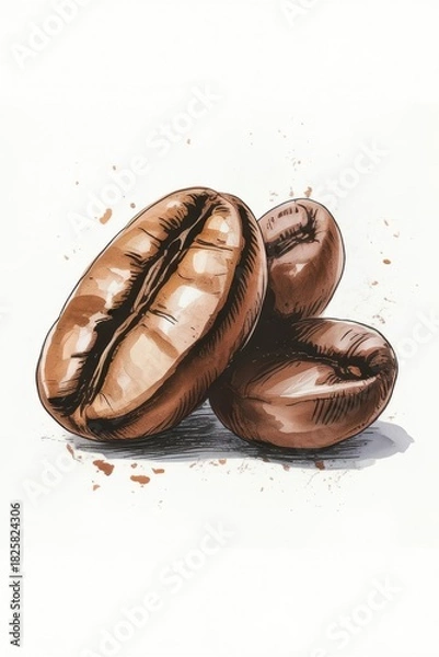 Obraz Illustration showcasing three coffee beans with detailed texture and color on a plain background