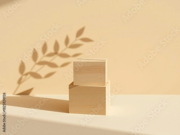 Fototapeta Minimalist display of two stacked brown boxes with soft shadow and leaf silhouette