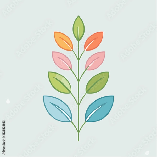 Obraz Abstract Stem With Colorful Oval Leaves In Pastel Tones On A Light Blue Background Minimalist Vector Graphic