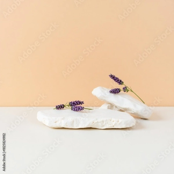 Obraz Two white aromatherapy sachets with lavender sprigs on a light surface