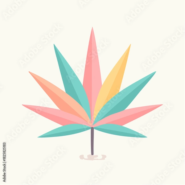 Obraz Stylized Cannabis Leaf In Pastel Colors Pink Teal Orange Yellow On A Light Cream Background With A Thin Stem