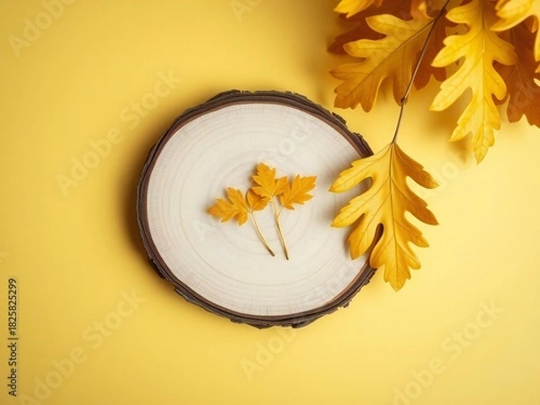 Obraz Autumn leaves and a wooden slice on a yellow background