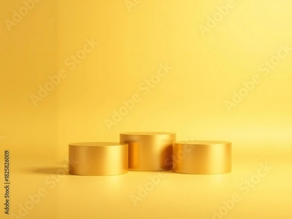Fototapeta Three golden cylinders on a yellow background with a subtle grid pattern