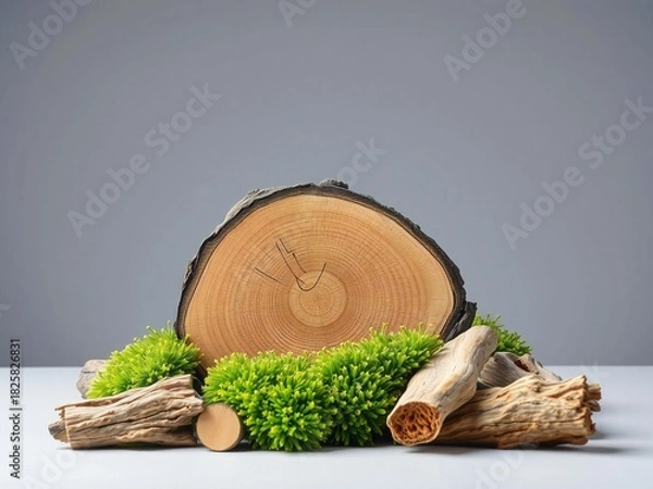 Fototapeta Natural wood slice and green moss arrangement with twigs