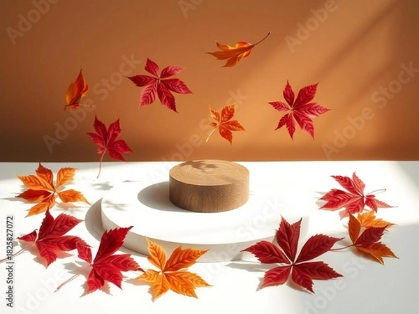 Fototapeta Autumn leaves arranged around a natural cork pedestal with a warm background