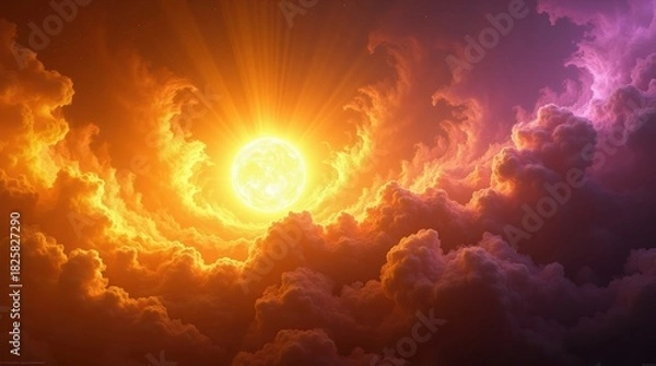 Fototapeta Dramatic sunset with fiery orange and purple clouds and bright sun