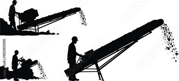 Obraz Silhouette construction workers operating conveyor belt machine, industrial material handling system, mining and gravel production process illustration for heavy industry concept