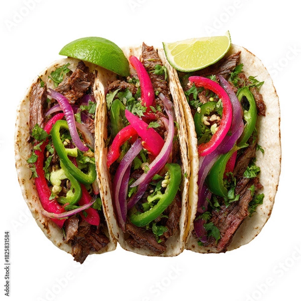 Fototapeta Three savory meat tacos with vibrant toppings and lime wedges