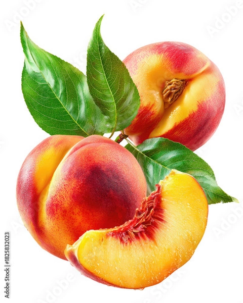 Fototapeta Ripe fuzzy stone fruit with vibrant colors, leaves, and slice