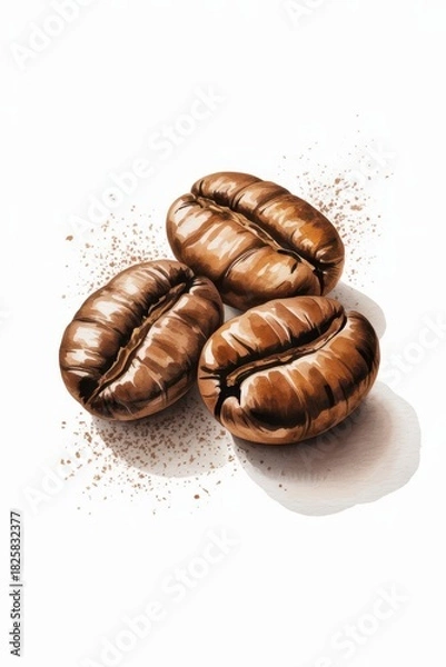 Obraz Three coffee beans, artistically rendered with brown hues and subtle shading, on a white surface