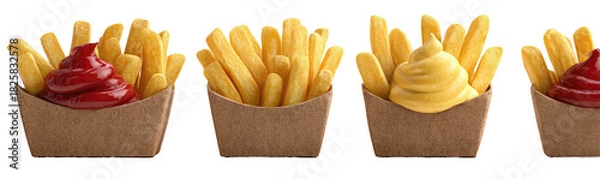 Fototapeta Delicious french fries in paper containers with ketchup and cheese sauce