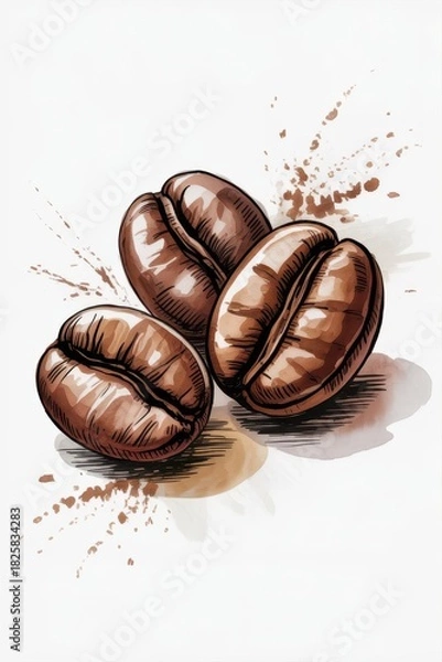 Obraz Watercolor style illustration of three coffee beans with brown splashes on a white surface