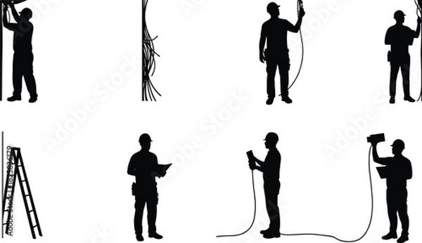Obraz Silhouette of electricians working with cables and tools, inspecting electrical systems, installing wiring, professional maintenance, safety at work concept illustration