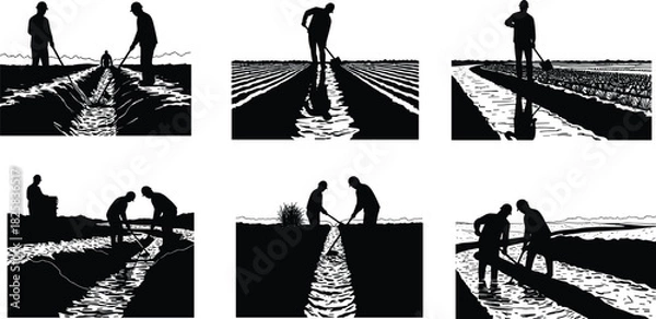 Obraz Silhouette of farmers working in irrigation field, agricultural workers maintaining water channels for crop cultivation, rural farming concept illustration