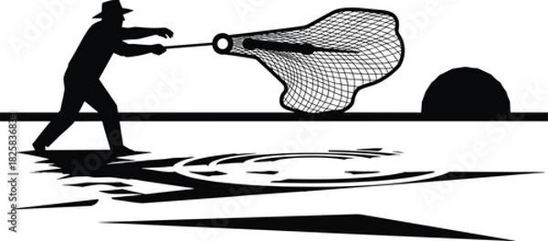 Obraz Silhouette of fisherman casting a large net over water, capturing motion, ripples, and traditional fishing activity in a detailed black and white vector illustration