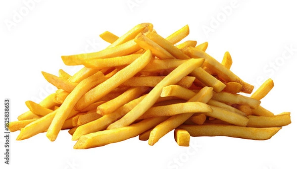 Fototapeta A pile of crispy, golden french fries on a black background