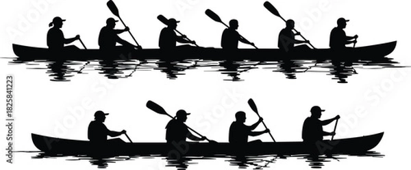 Obraz Silhouette of people rowing in canoe boats on calm water, teamwork and outdoor adventure concept with reflection and paddling activity