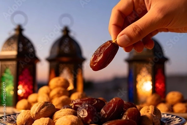 Obraz Der Ramadan-Moment (Kulturelles Fest) - Ein intimer Moment des Fastenbrechens (Iftar) oder der Vorbereitung, der die Atmosphäre und die Textur der Tradition einfängt