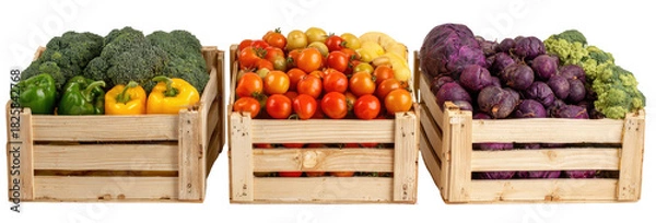 Fototapeta Three wooden crates filled with fresh vegetables and fruits (1)