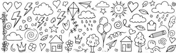 Fototapeta Collection of hand-drawn doodle elements including weather nature and objects simple line art for creative projects and designs