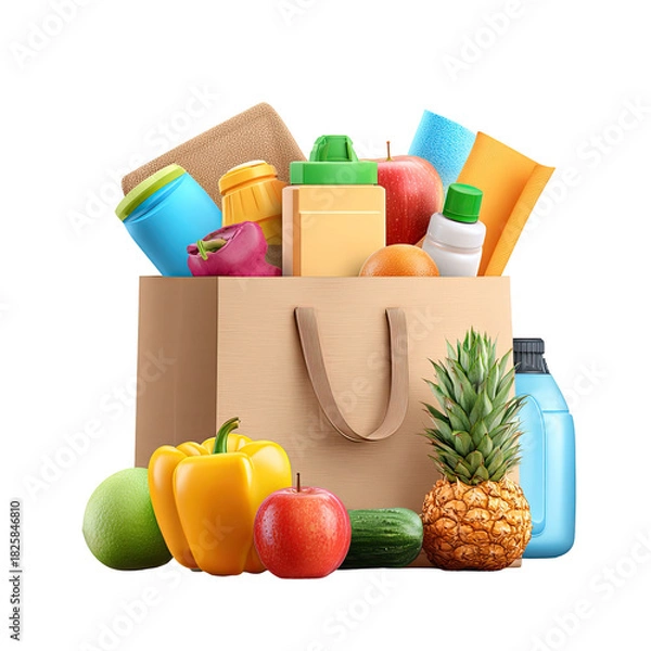 Fototapeta Grocery bag overflowing with assorted produce and containers