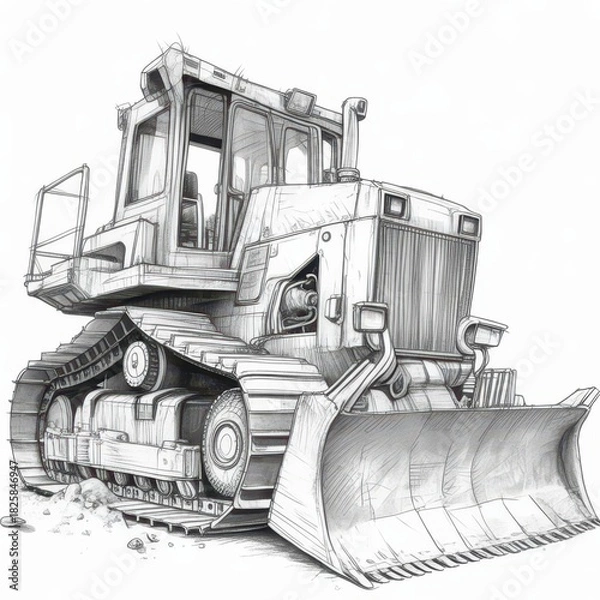 Obraz Detailed pencil sketch of a large bulldozer with tracks and a front blade on a white background